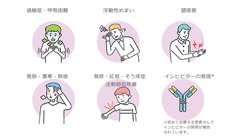 図：エイフスチラでみられた副作用、過敏症・呼吸困難、浮動性めまい、錯感覚、発熱・悪寒・熱覚、発疹・紅斑・そう痒症・注射部位疼痛、インヒビターの発現（※初めて治療する患者さんでインヒビターの発現が報告されています。）